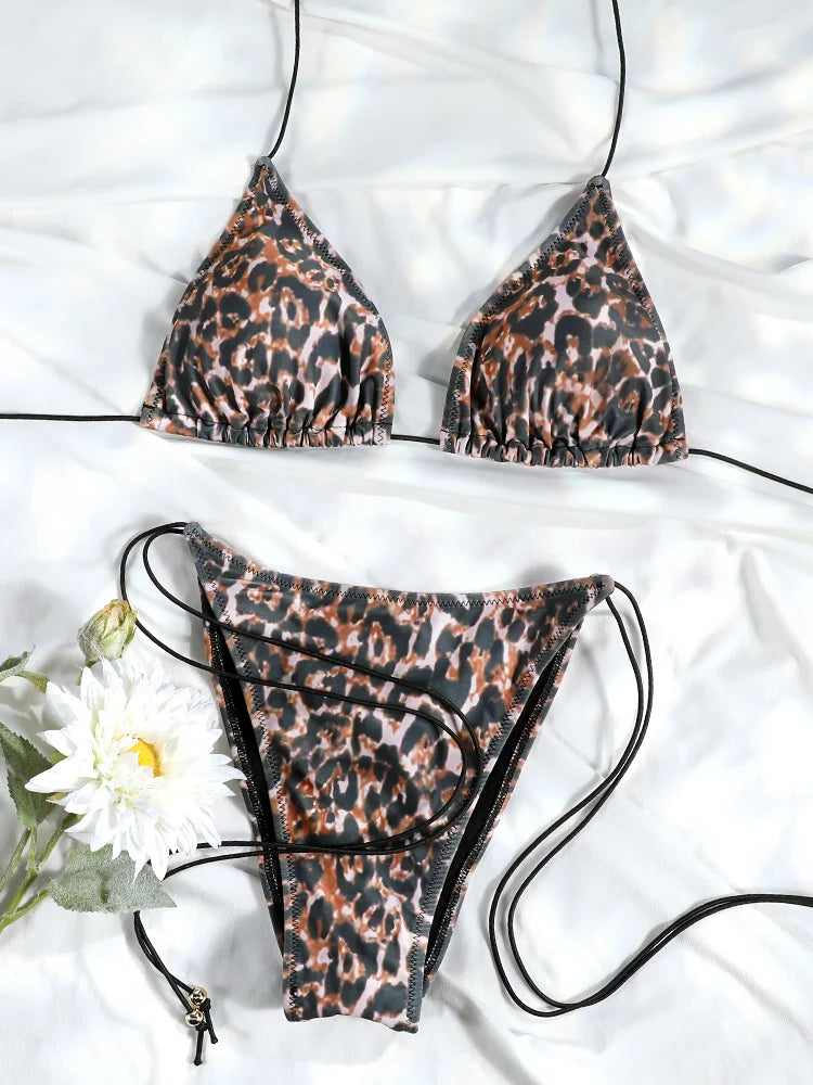 Set Bikini Triangolo Sexy Micro Thong, Costume da Bagno Donna, Biquini con Lacci, Abbigliamento da Spiaggia Stampato, Bikini Thong