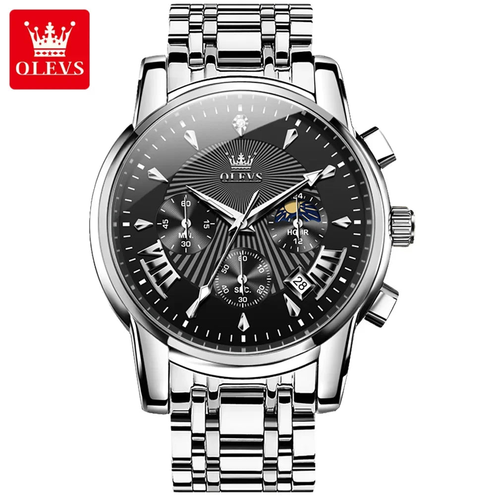 OLEVS Orologi al quarzo da uomo Orologi di marca in acciaio inossidabile Orologio sportivo impermeabile per uomo Cronografo con fasi lunari