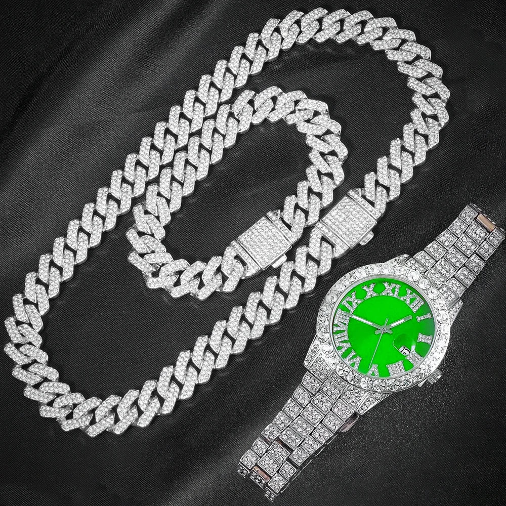 3 pezzi orologio a catena cubana per uomo Hip Hop Miami Curb ghiacciato pavimentato strass rapper collana cubana orologio + braccialetto gioielli