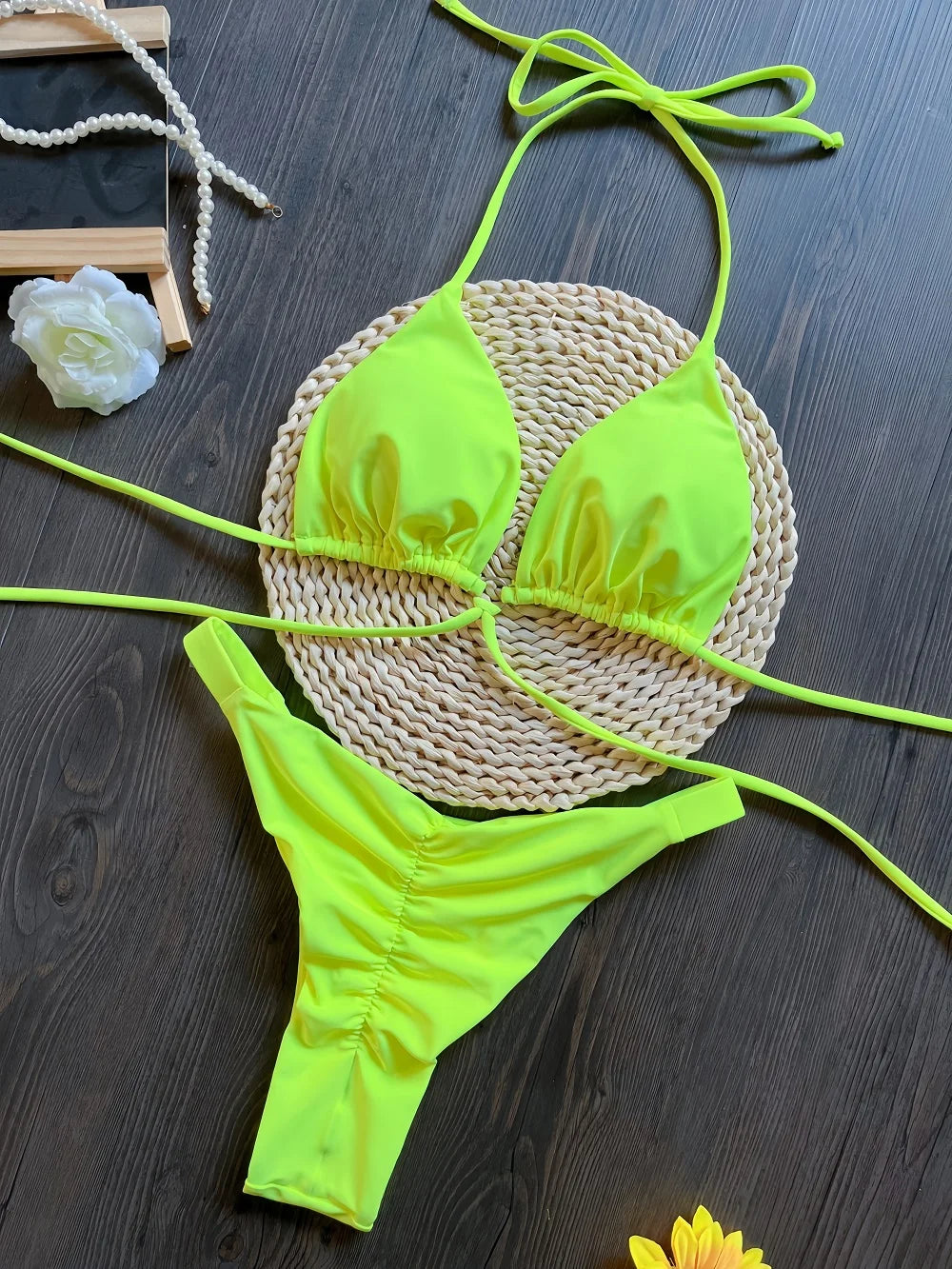 Set Bikini Triangolo Sexy Micro Perizoma Donna, Costume da Bagno Stampa Bandage, Abbigliamento da Spiaggia