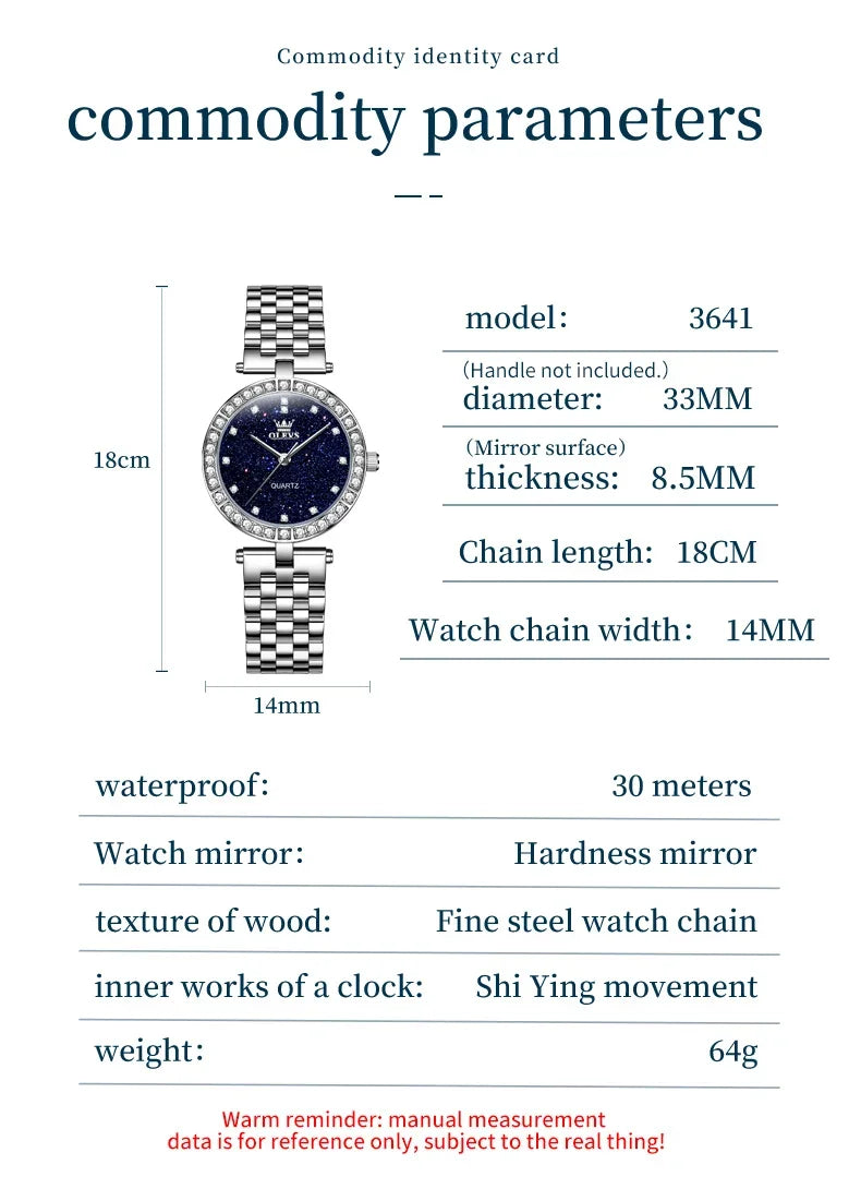 OLEVS 3641 Elegante orologio al quarzo da donna impermeabile Quadrante stellato luminoso in acciaio inossidabile con confezione regalo - Accessorio alla moda da donna