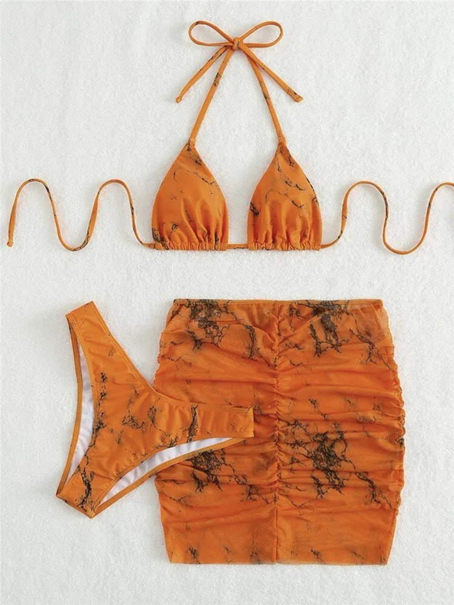 3 pezzi perizoma Bikini con gonna marmo texture costume da bagno donna costume da bagno Set costumi da bagno femminili abbigliamento da spiaggia nuoto estate