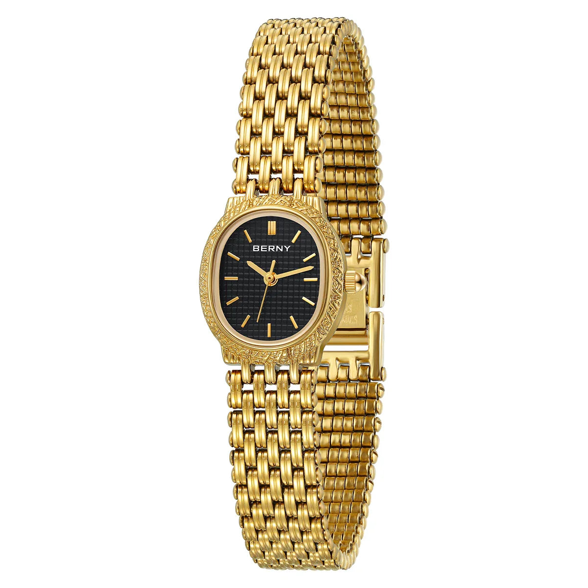 BERNY Orologio al quarzo da donna Cinturino in acciaio inossidabile dorato Orologio da polso ellittico di lusso Orologio da donna semplice retrò impermeabile