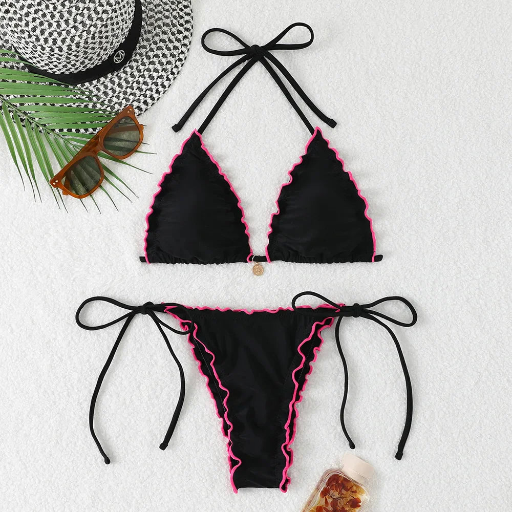 Micro Bikini Donna Due Pezzi Sexy Plissettato Costume da Bagno Femminile 2026 con Lacci Set Bikini da Spiaggia con Perizoma