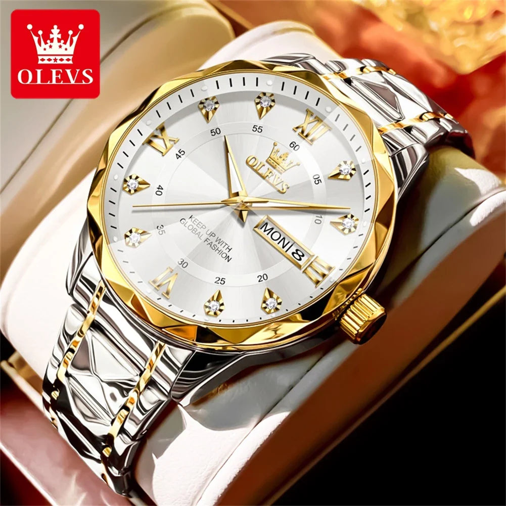 OLEVS Orologio da uomo al quarzo originale Orologio da uomo di lusso con calendario aziendale alla moda in acciaio inossidabile Orologio da specchio a forma impermeabile