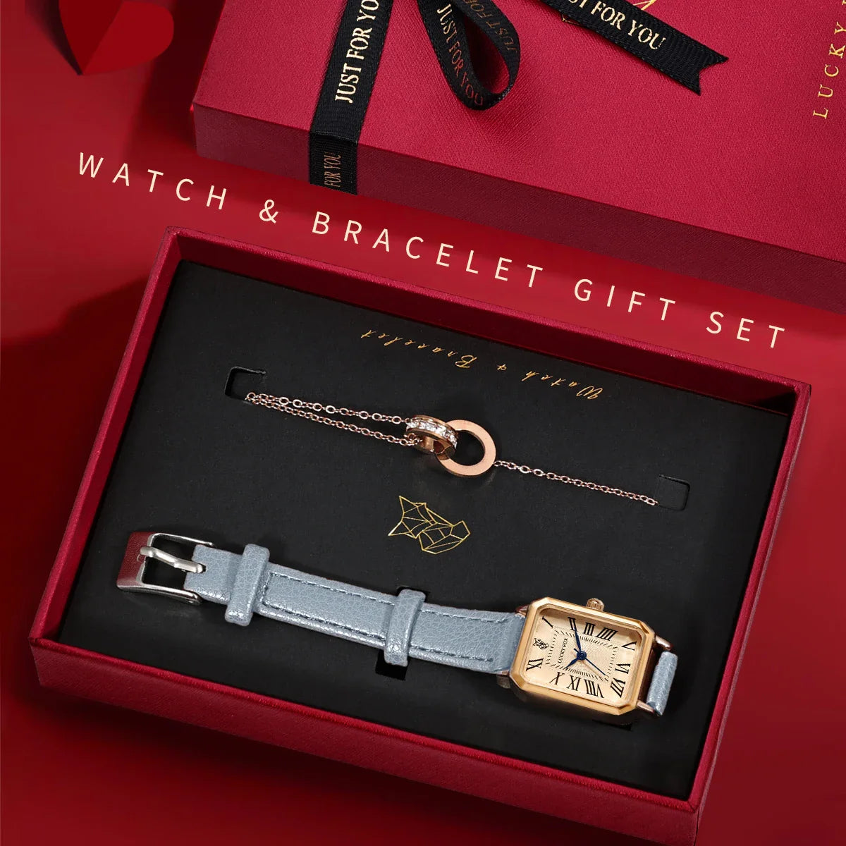 LUCKY FOX 2 pezzi confezione regalo di lusso leggera set braccialetto orologio orologio al quarzo quadrato da donna semplice e alla moda regalo del festival Reloj