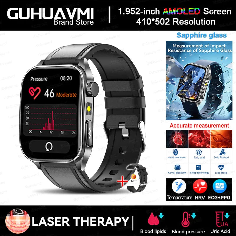 2025 Trattamento laser Tre Smartwatch alti 1.95 "Schermo curvo in zaffiro ECG + PPG Grasso nel sangue Acido urico Diagnosi salute Smartwatch