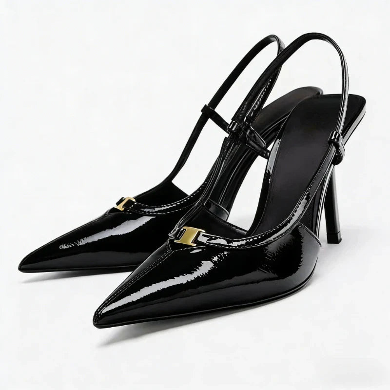 2026 Fashion Metal Decoration Stiletto Pumps Women Luxury Patent Leather Pointed Toe High Heels Sexy Slingback Designer Shoes