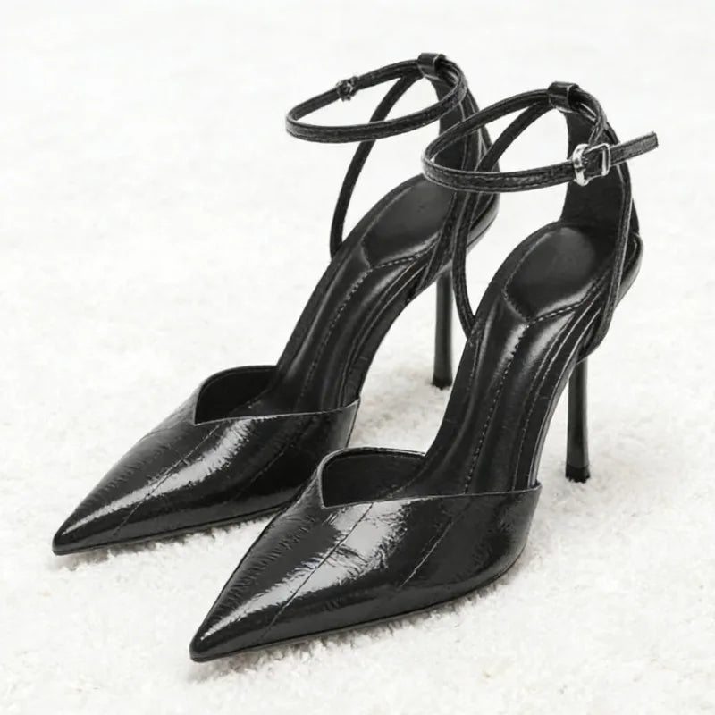 Designer Burgundy Red Ankle Strap Pumps Women Sexy Pointed-Toe Patent Leather High Heels for Ladies Elegant Party Dress Shoes