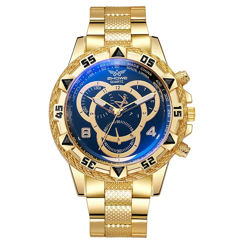 Orologio al quarzo da uomo di lusso Orologio da polso da uomo d'affari classico Quadrante grande Striscia di acciaio legato Orologio al quarzo da uomo a tre occhi con luce blu