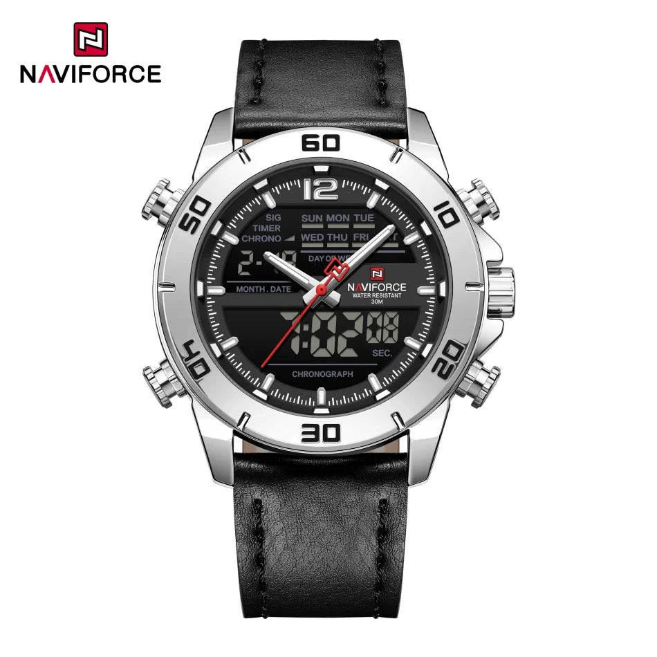 NAVIFORCE Orologio alla moda da uomo con cinturino in vera pelle Movimento al quarzo resistente all'acqua 30M Display luminoso con giorno e data F