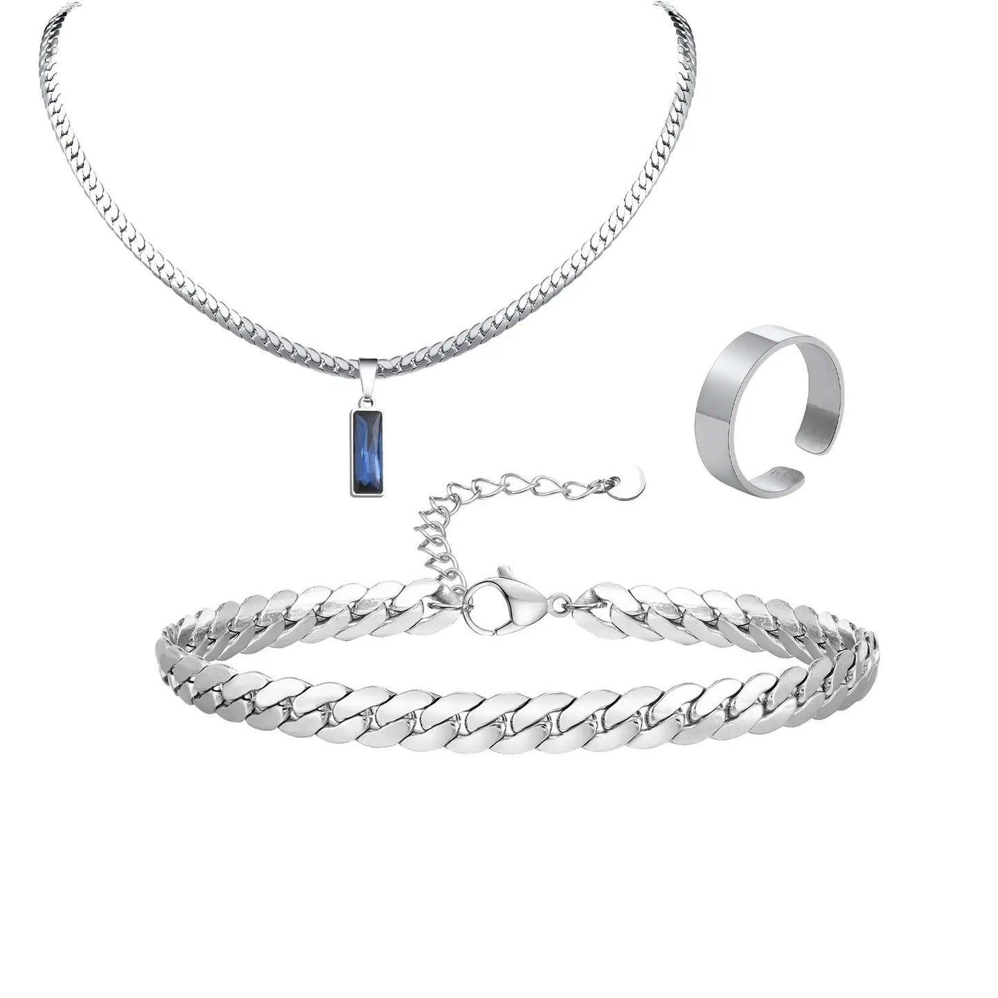 Elegante Set di Gioielli da Uomo con 3 Pezzi, Catena Cubana Piatta, Ciondolo Geometrico in Acciaio Inox con Pietra, Gioielli Hip Hop, Regalo per Lui