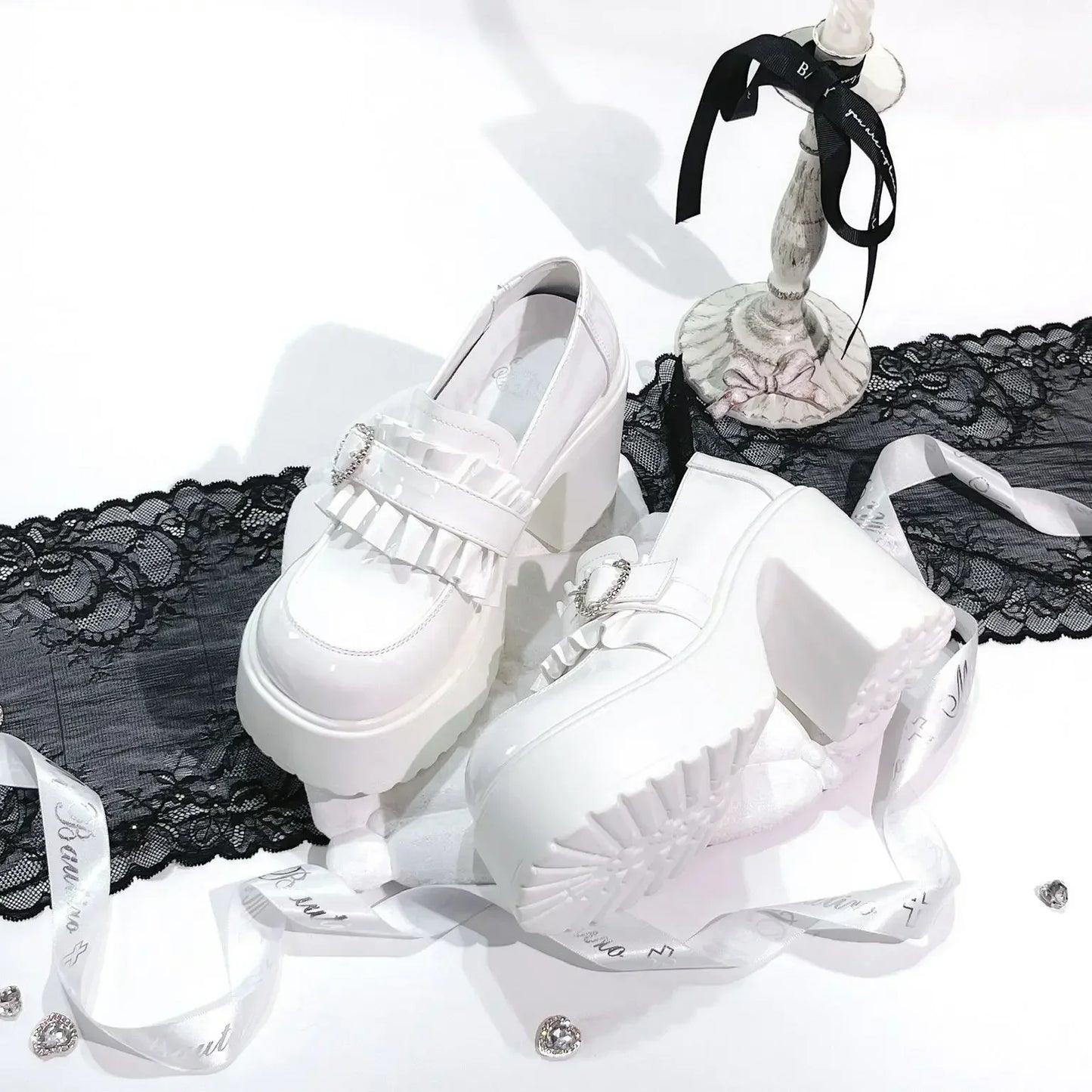 Sweet Heart-Shaped Buckle Lolita High Heels Pump Shoes for Women Y2k PU Leather Waterproof Platform Mary Janes Shoes