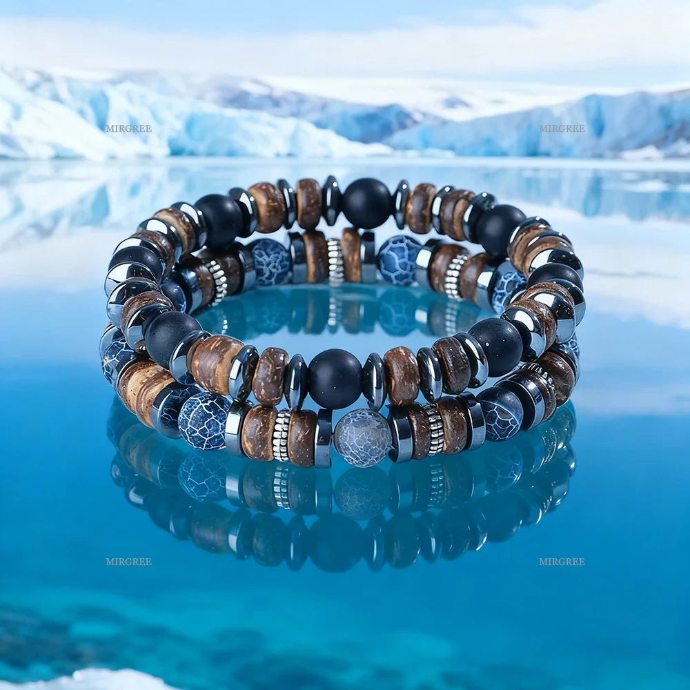 Set di braccialetti con perline in pietra naturale da uomo da 2 pezzi, gioielli da uomo in stile retrò fatto a mano all'aperto, regalo da uomo