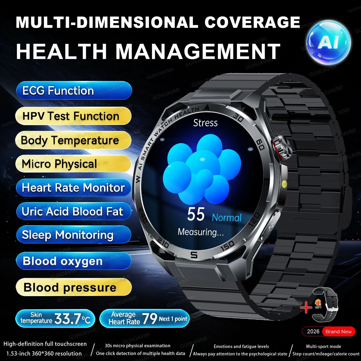 Nuovo Smartwatch 2026 con Analisi AI del Grasso Corporeo, ECG+PPG, Acido Urico, Pressione Sanguigna, Ossigeno nel Sangue, Chiamate, Schermo AMOLED per Uomini e Donne
