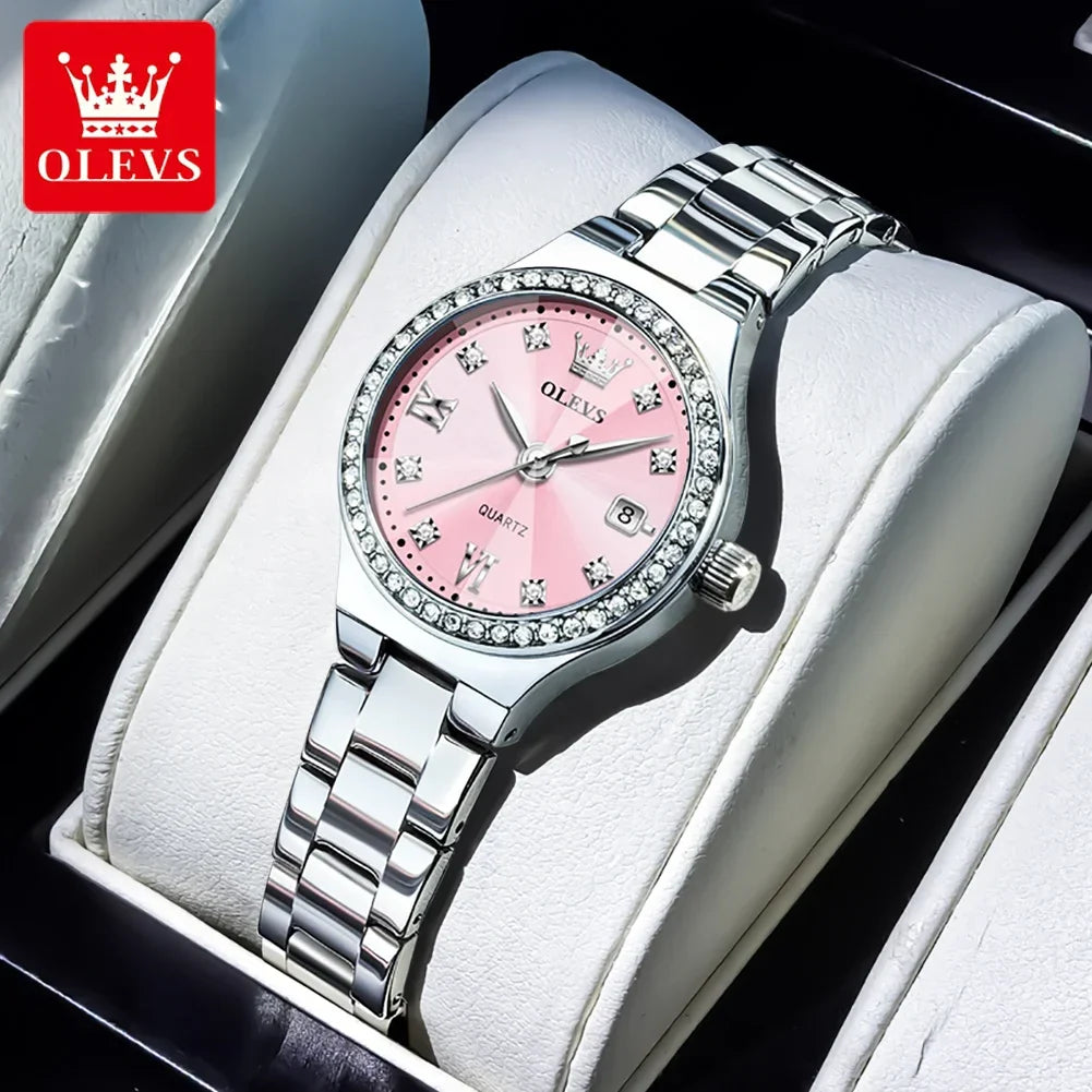 OLEVS 5628 Orologio al quarzo da donna Orologio da polso impermeabile luminoso in acciaio inossidabile con scala di diamanti e funzione data