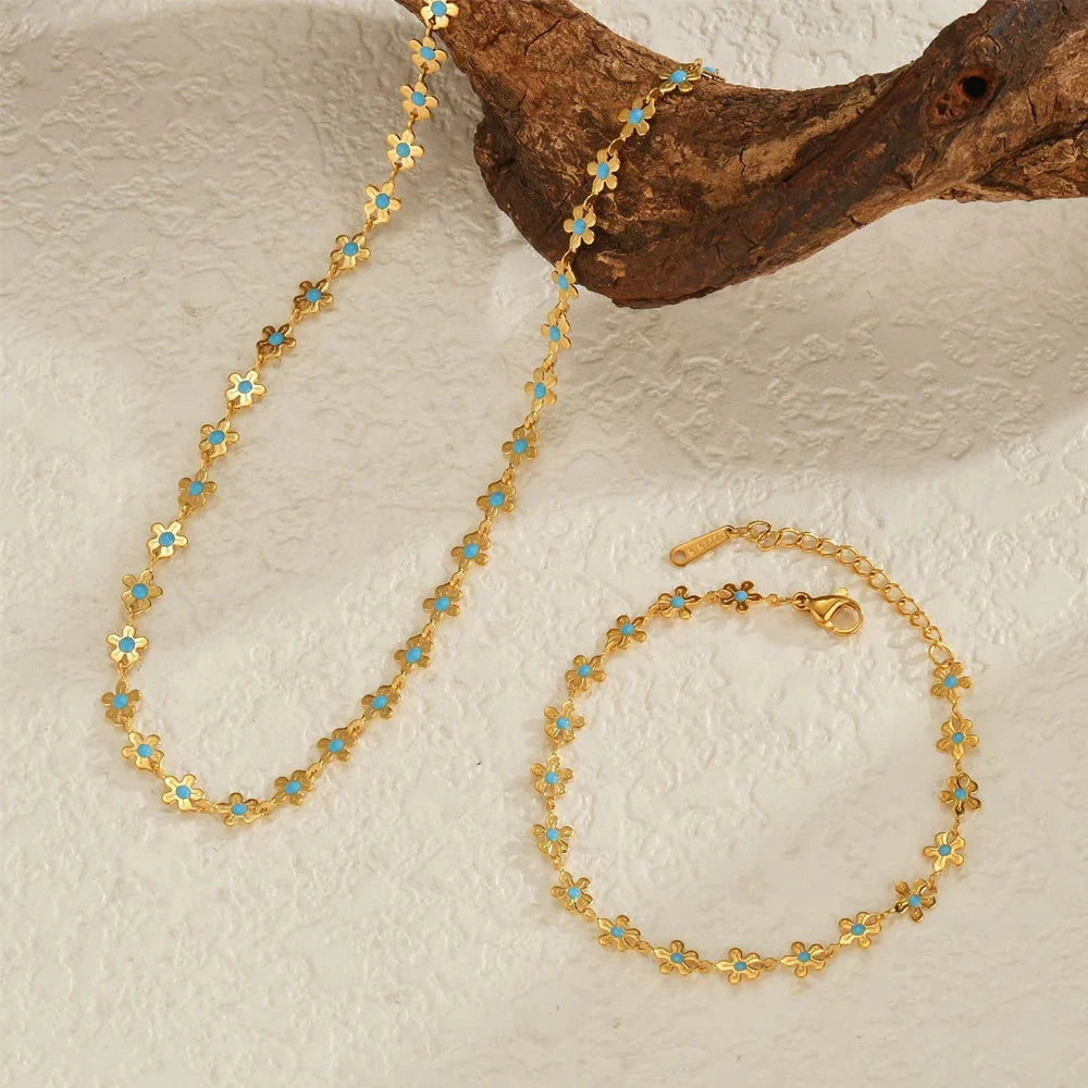 Sifisrri Set di gioielli con bracciale a catena con fiore blu olio vintage per donna, ragazza, regalo di San Valentino alla moda in acciaio inossidabile
