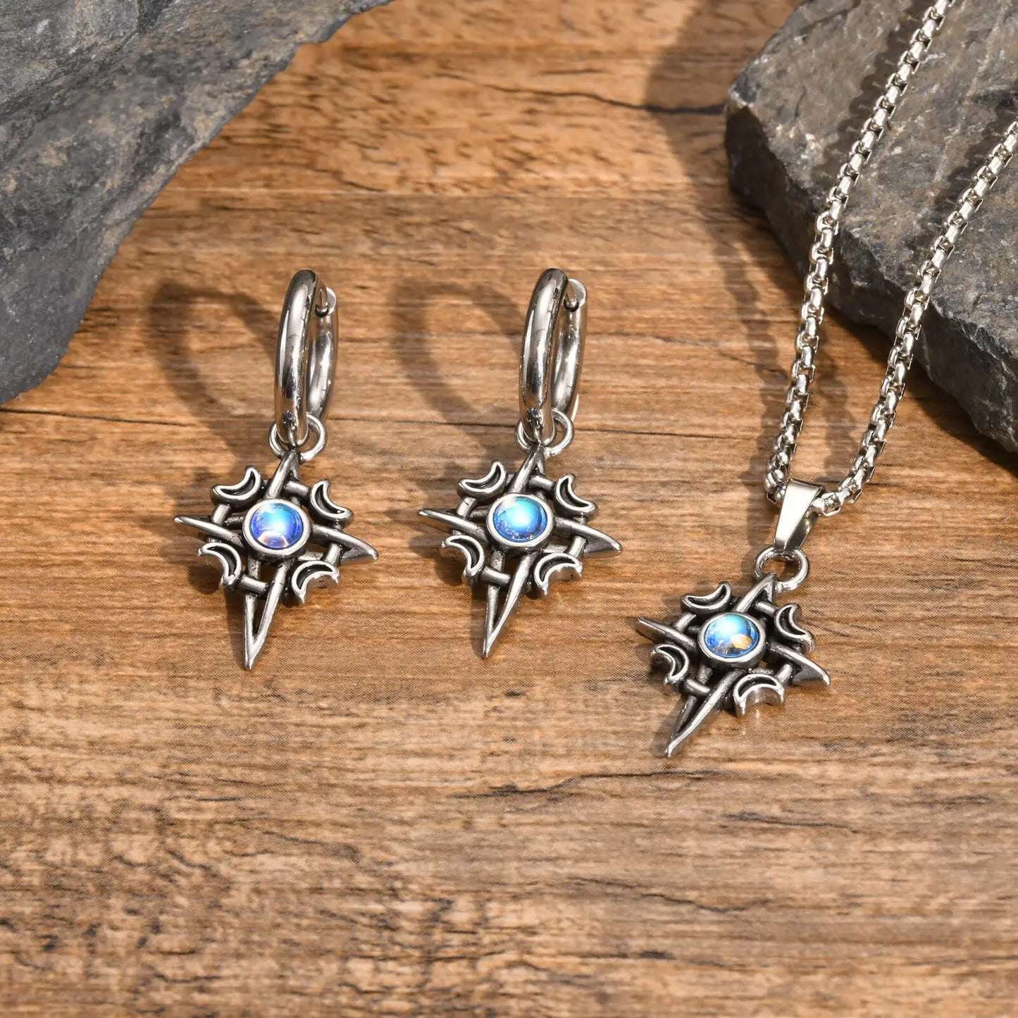 Vnox Witches Knot Moon Star Collane con ciondolo Orecchini per uomo Donna, set di gioielli con collare in pietra di luna con nodo celtico in acciaio inossidabile