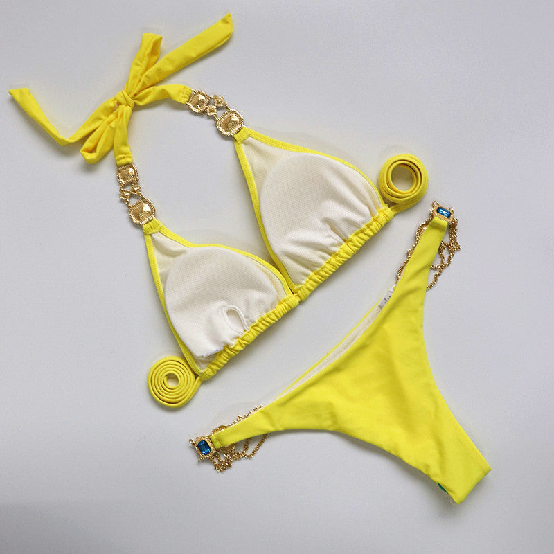 Catene di metallo con scollo all'americana Strass Diamante Bikini Costume da bagno donna Costumi da bagno femminili Due pezzi Bikini set Costume da bagno brasiliano Swim