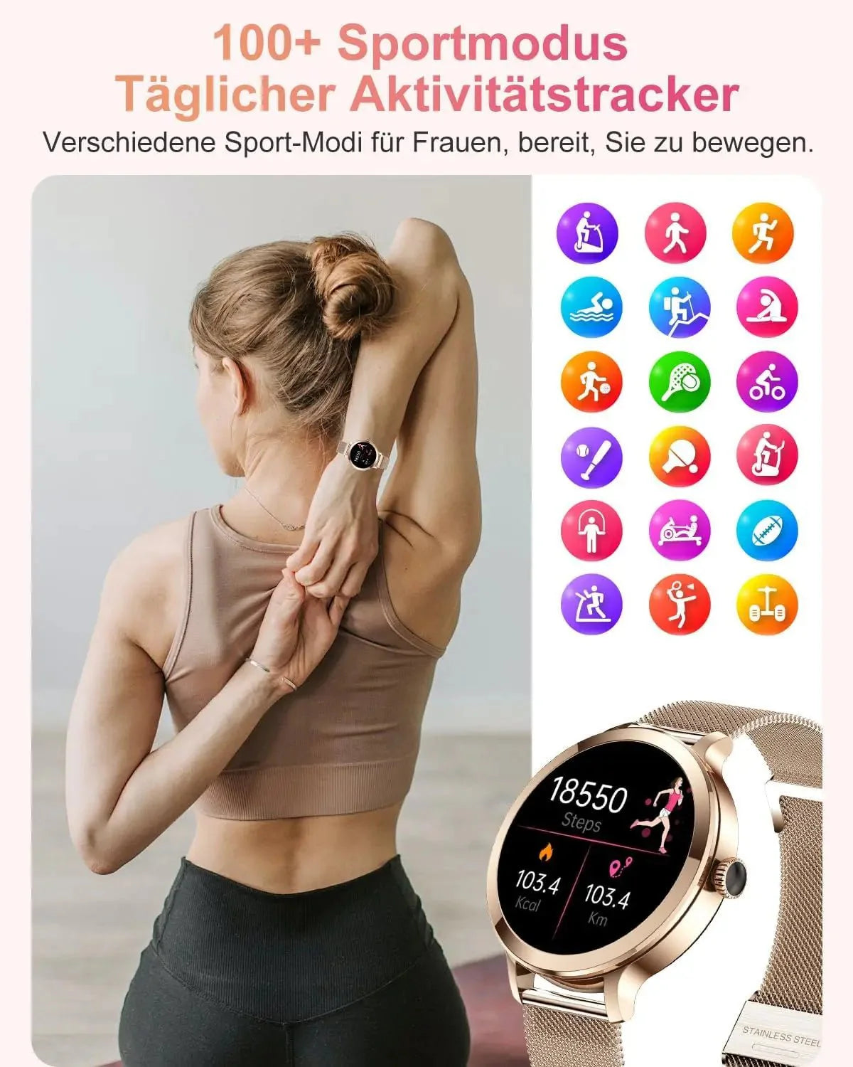 Smartwatch da donna IP68, modello 2025 con schermo AMOLED da 1,43", chiamate Bluetooth, oltre 120 sport disponibili, monitoraggio frequenza cardiaca, SpO2, pressione sanguigna e sonno. Smartwatch per Android e iOS.
