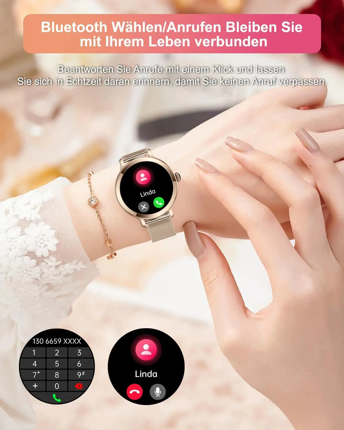 Smartwatch da donna IP68, modello 2025 con schermo AMOLED da 1,43", chiamate Bluetooth, oltre 120 sport disponibili, monitoraggio frequenza cardiaca, SpO2, pressione sanguigna e sonno. Smartwatch per Android e iOS.