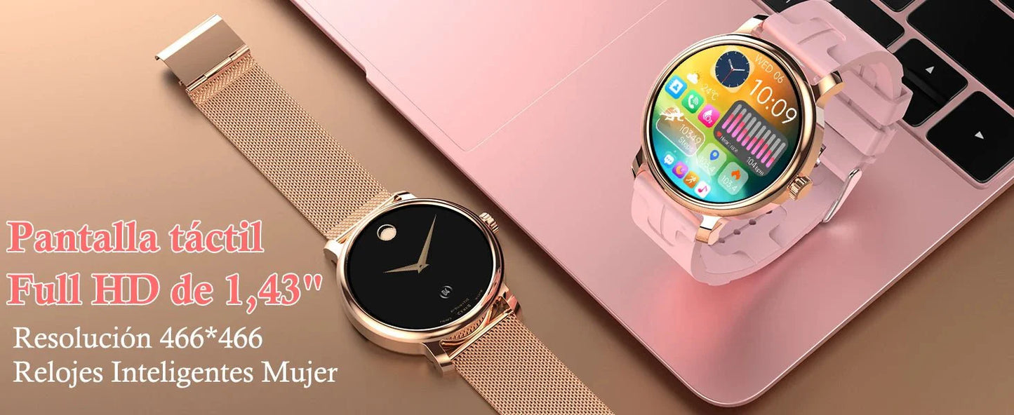 Smartwatch da donna IP68, modello 2025 con schermo AMOLED da 1,43", chiamate Bluetooth, oltre 120 sport disponibili, monitoraggio frequenza cardiaca, SpO2, pressione sanguigna e sonno. Smartwatch per Android e iOS.