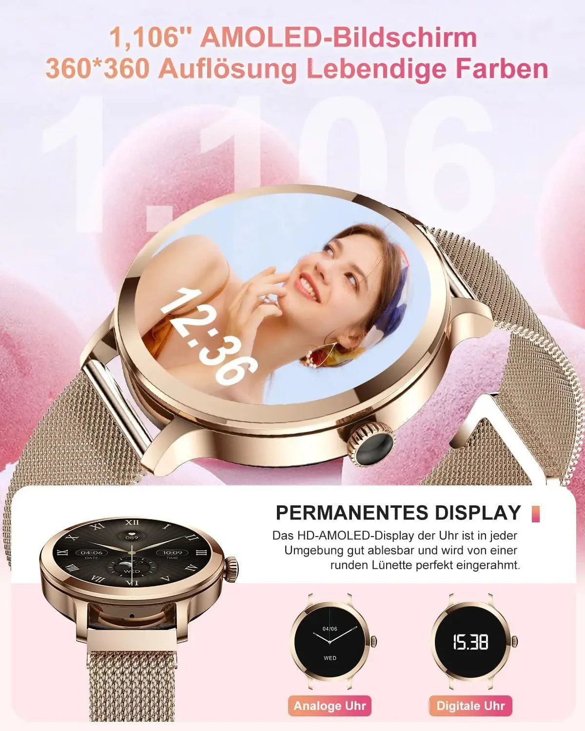 Smartwatch da donna IP68, modello 2025 con schermo AMOLED da 1,43", chiamate Bluetooth, oltre 120 sport disponibili, monitoraggio frequenza cardiaca, SpO2, pressione sanguigna e sonno. Smartwatch per Android e iOS.