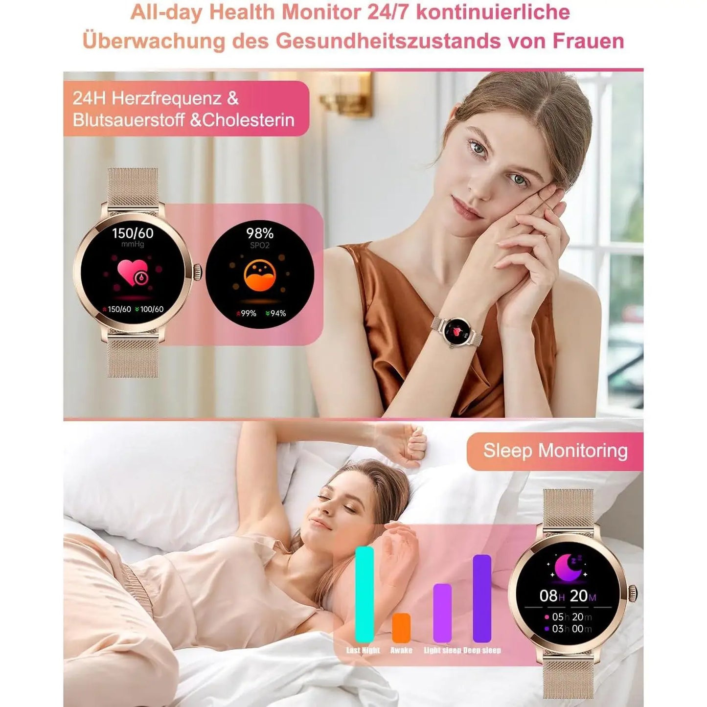 Smartwatch da donna IP68, modello 2025 con schermo AMOLED da 1,43", chiamate Bluetooth, oltre 120 sport disponibili, monitoraggio frequenza cardiaca, SpO2, pressione sanguigna e sonno. Smartwatch per Android e iOS.