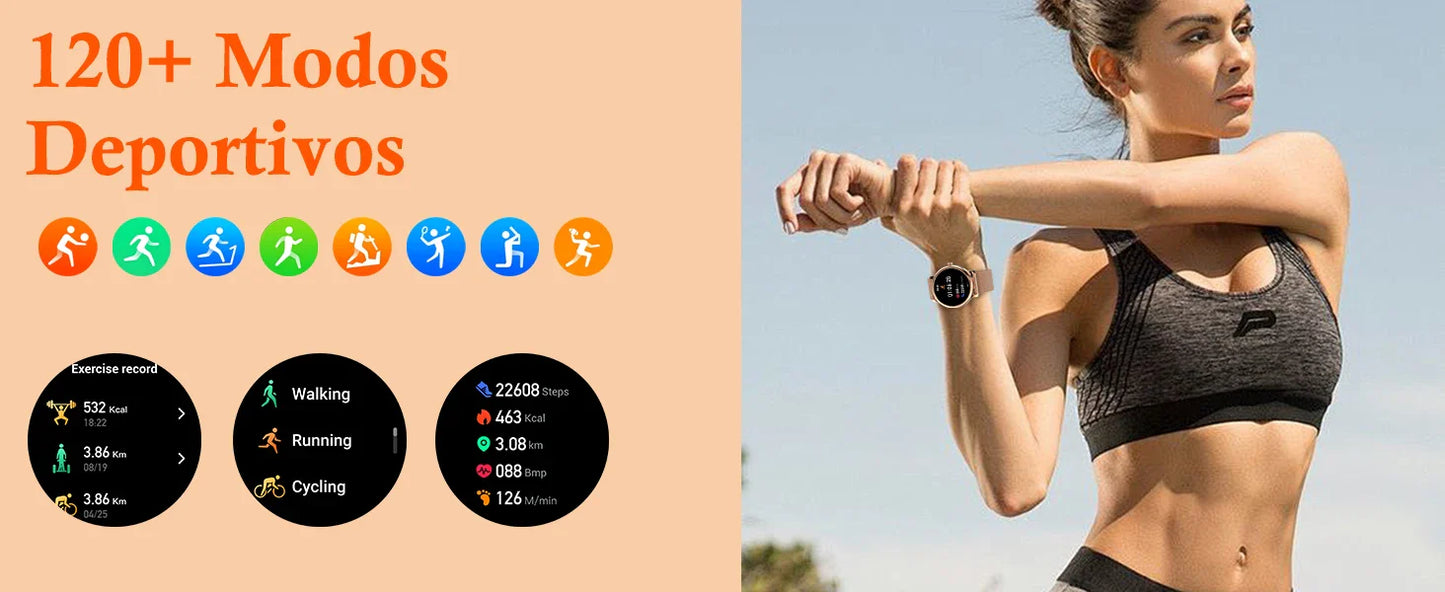 Smartwatch da donna IP68, modello 2025 con schermo AMOLED da 1,43", chiamate Bluetooth, oltre 120 sport disponibili, monitoraggio frequenza cardiaca, SpO2, pressione sanguigna e sonno. Smartwatch per Android e iOS.
