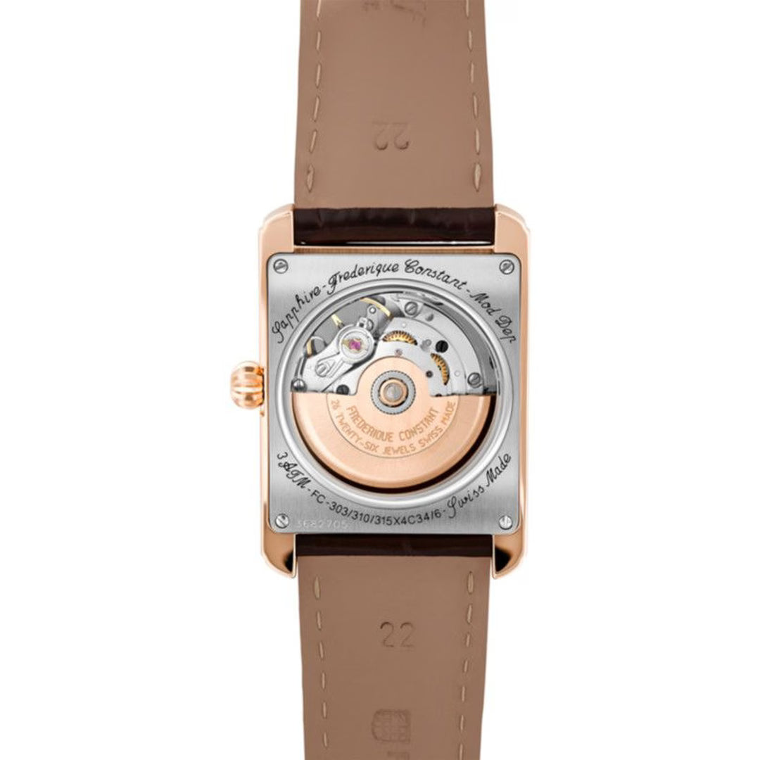 Frederique Constant FC-310MC4S34 – Automatico Swiss Made, quadrante bianco, cassa rettangolare 30.4×33.3 mm acciaio oro rosa