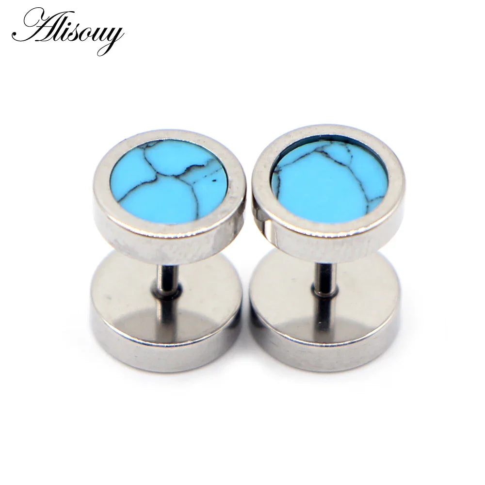 Alisouy 2 pz Acciaio Inossidabile Double Sided Rotondo Pietra Manubri Uomo Donna Vite Stud Bilanciere Orecchini Penetranti Spina per L'orecchio Finto
