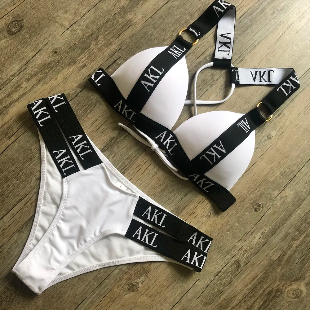 Costumi da bagno da donna Costume da bagno Push Up Bikini 2023 Mujer Lace Up Bikini Costume da bagno donna Stampa di lettere Mini Perizoma Bikini Set