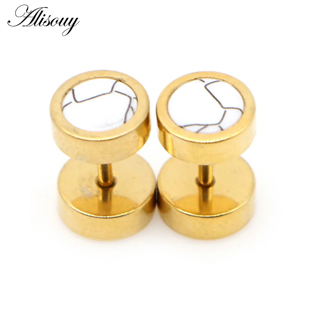 Alisouy 2 pz Acciaio Inossidabile Double Sided Rotondo Pietra Manubri Uomo Donna Vite Stud Bilanciere Orecchini Penetranti Spina per L'orecchio Finto