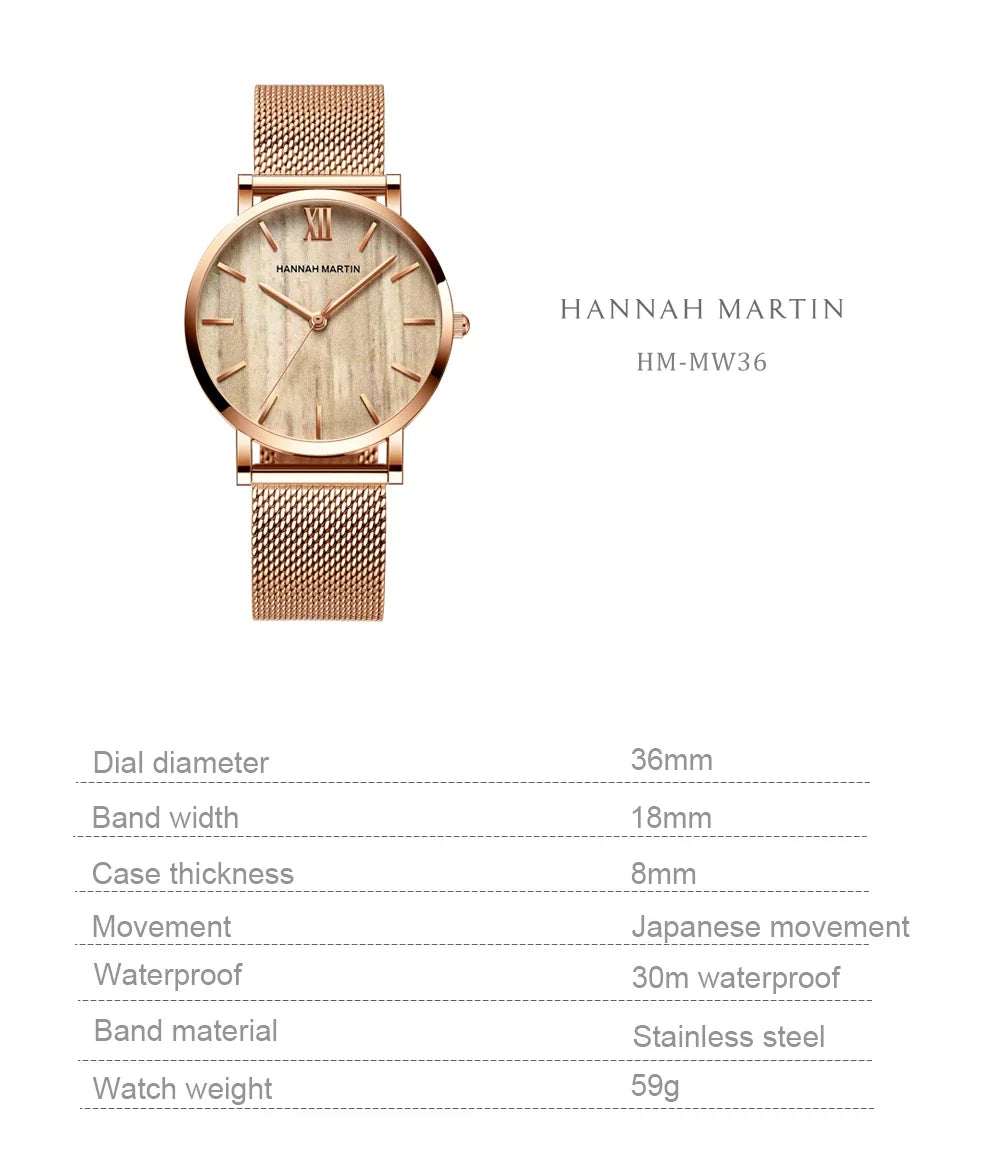 HANNAH MARTIN Movimento al quarzo giapponese in acciaio inossidabile di qualità del marchio Orologio Dropshipping da donna impermeabile da 36 mm in oro rosa completo