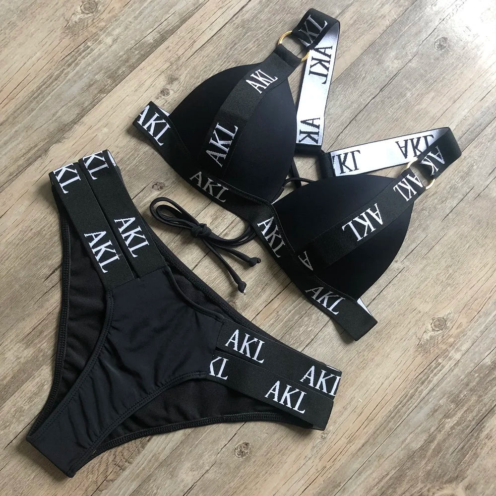 Costumi da bagno da donna Costume da bagno Push Up Bikini 2023 Mujer Lace Up Bikini Costume da bagno donna Stampa di lettere Mini Perizoma Bikini Set