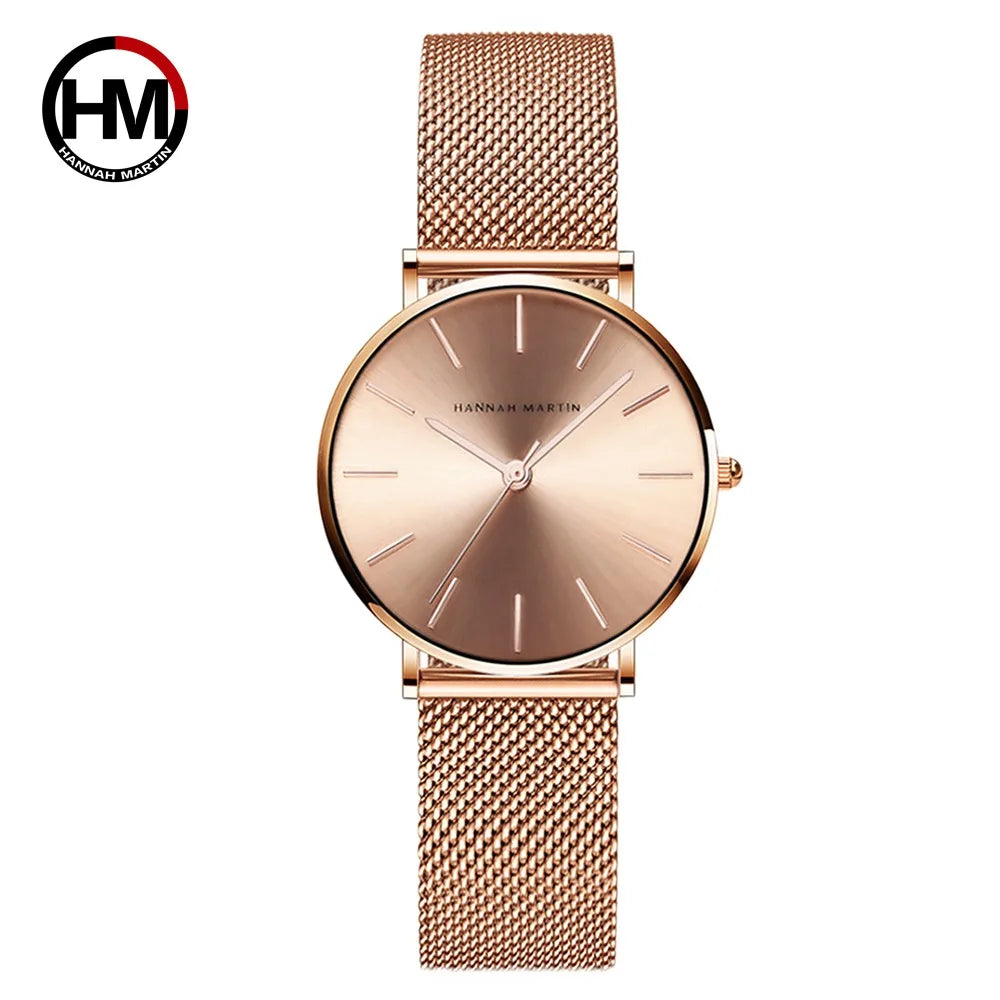 HANNAH MARTIN Movimento al quarzo giapponese in acciaio inossidabile di qualità del marchio Orologio Dropshipping da donna impermeabile da 36 mm in oro rosa completo