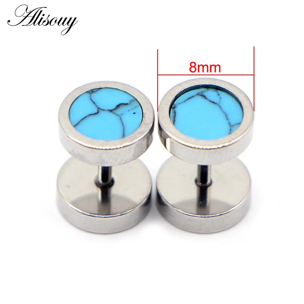Alisouy 2 pz Acciaio Inossidabile Double Sided Rotondo Pietra Manubri Uomo Donna Vite Stud Bilanciere Orecchini Penetranti Spina per L'orecchio Finto