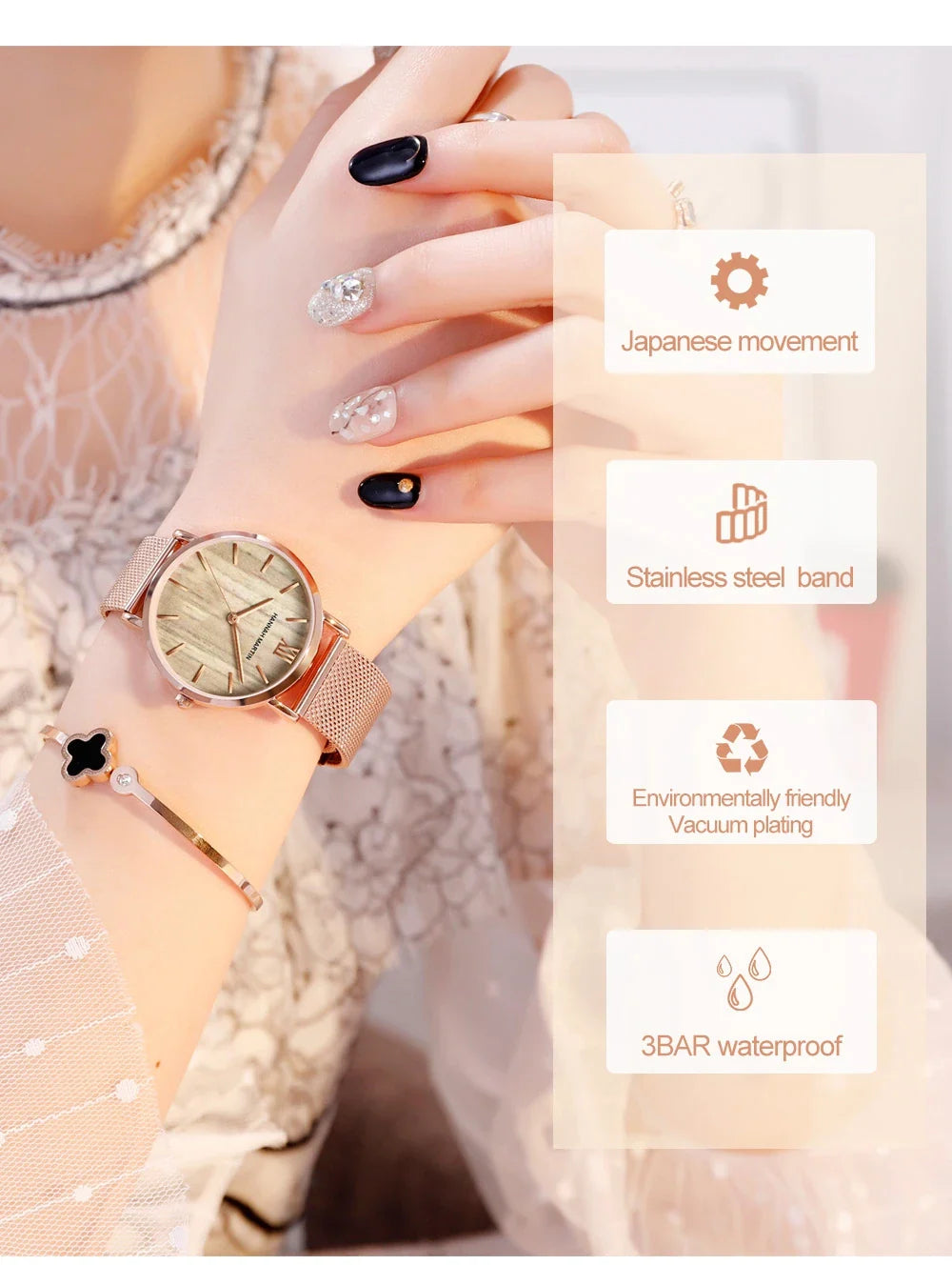 HANNAH MARTIN Movimento al quarzo giapponese in acciaio inossidabile di qualità del marchio Orologio Dropshipping da donna impermeabile da 36 mm in oro rosa completo