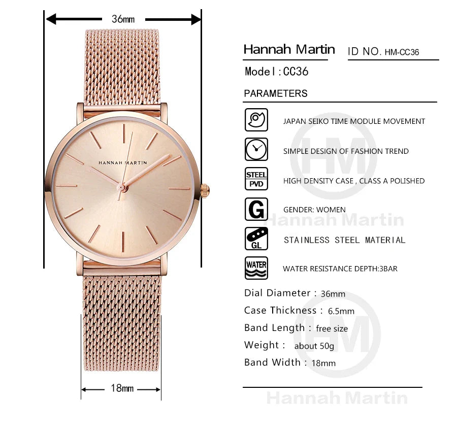 HANNAH MARTIN Movimento al quarzo giapponese in acciaio inossidabile di qualità del marchio Orologio Dropshipping da donna impermeabile da 36 mm in oro rosa completo