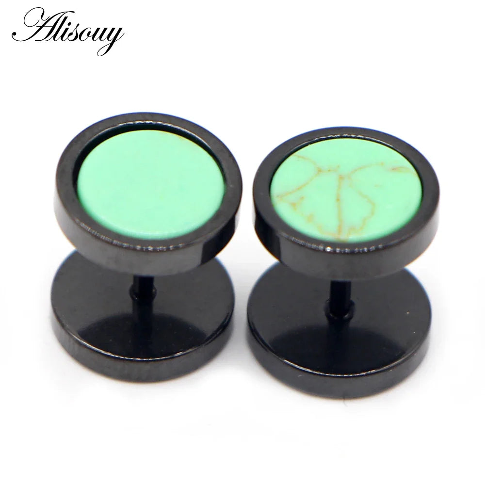 Alisouy 2 pz Acciaio Inossidabile Double Sided Rotondo Pietra Manubri Uomo Donna Vite Stud Bilanciere Orecchini Penetranti Spina per L'orecchio Finto