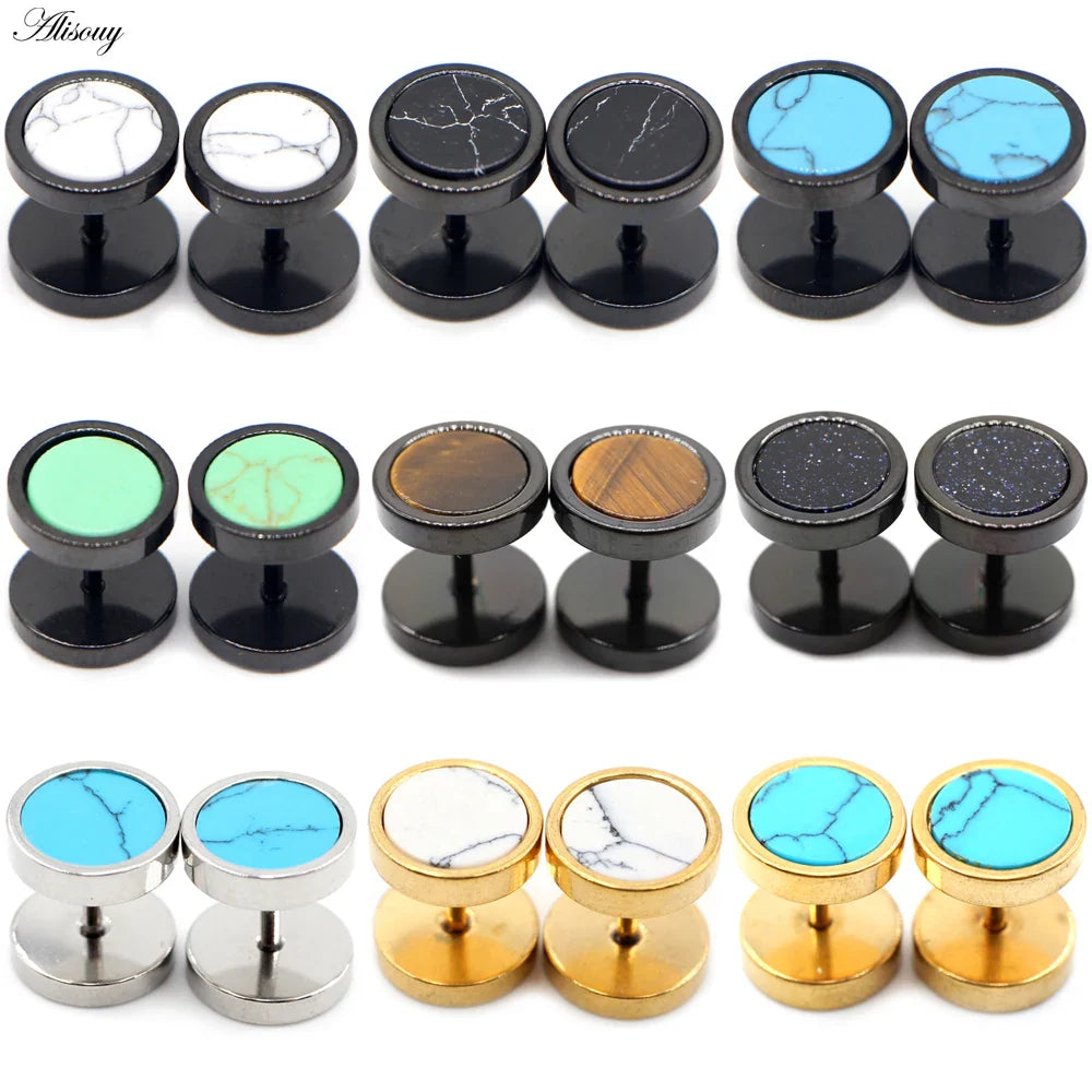 Alisouy 2 pz Acciaio Inossidabile Double Sided Rotondo Pietra Manubri Uomo Donna Vite Stud Bilanciere Orecchini Penetranti Spina per L'orecchio Finto
