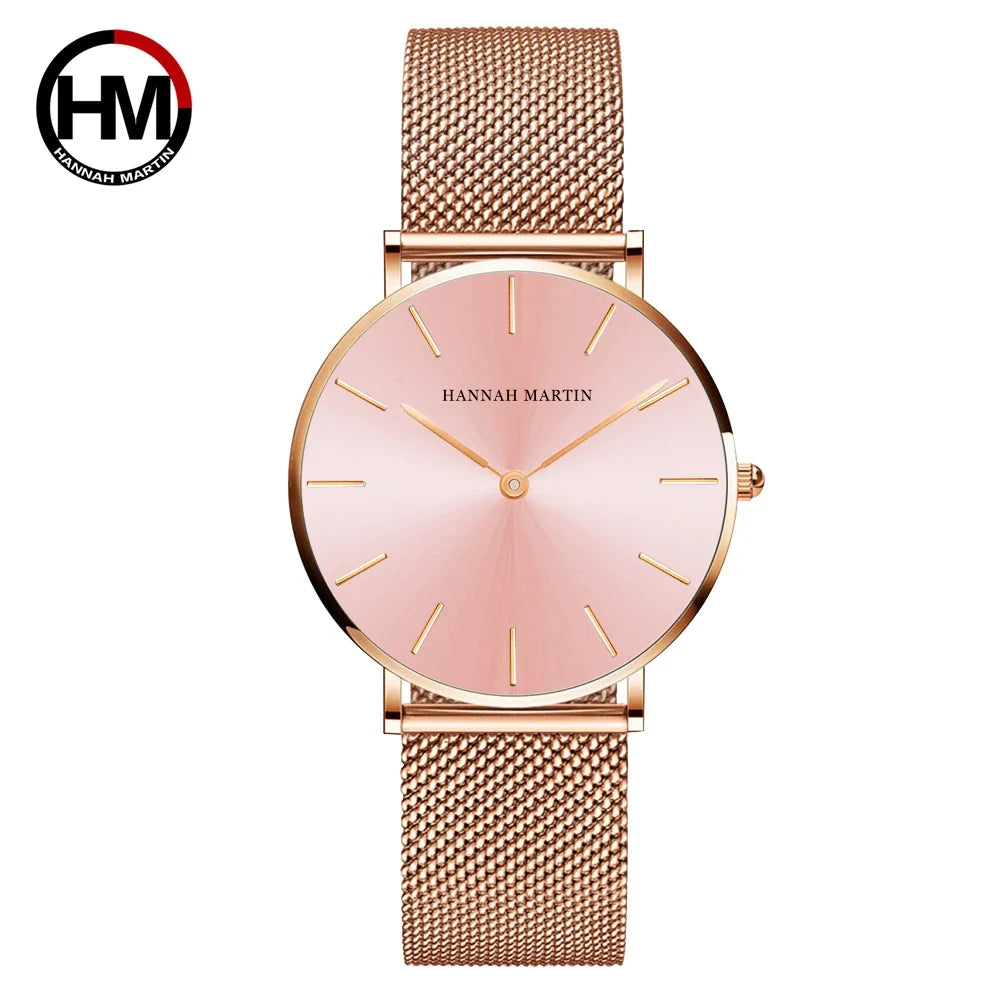 HANNAH MARTIN Movimento al quarzo giapponese in acciaio inossidabile di qualità del marchio Orologio Dropshipping da donna impermeabile da 36 mm in oro rosa completo
