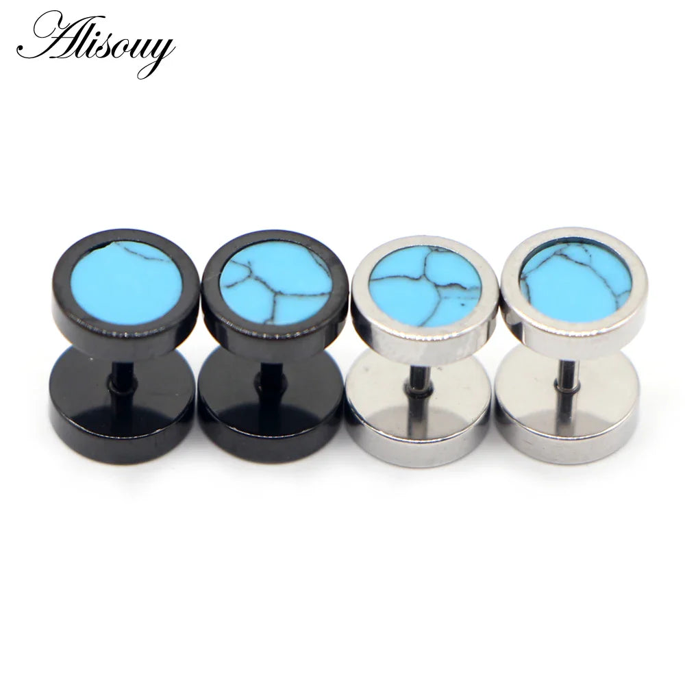 Alisouy 2 pz Acciaio Inossidabile Double Sided Rotondo Pietra Manubri Uomo Donna Vite Stud Bilanciere Orecchini Penetranti Spina per L'orecchio Finto