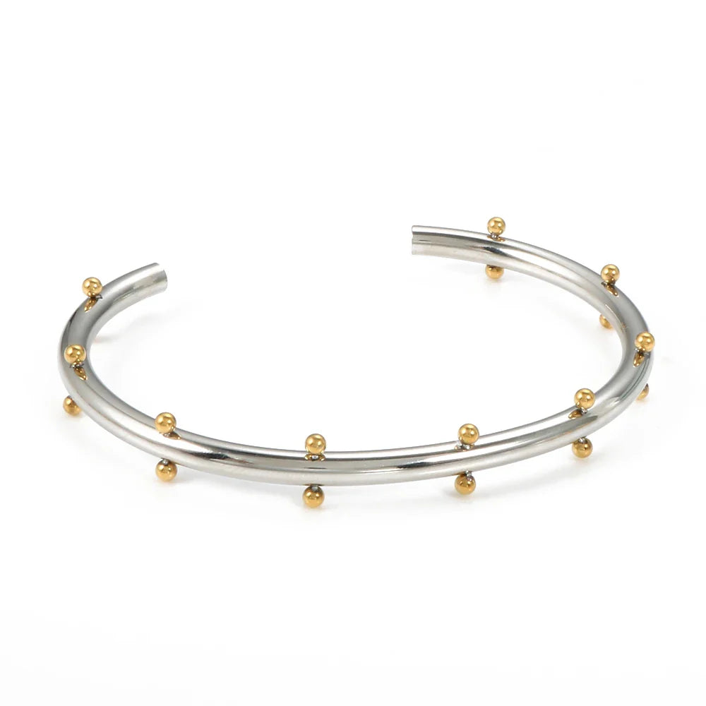 Set di gioielli di lusso Bracciale rigido in acciaio inossidabile Anello da dito Orecchini a cerchio con mini sfere per regali di gioielli di moda da donna
