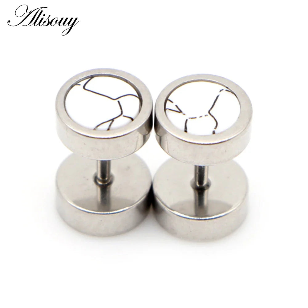 Alisouy 2 pz Acciaio Inossidabile Double Sided Rotondo Pietra Manubri Uomo Donna Vite Stud Bilanciere Orecchini Penetranti Spina per L'orecchio Finto