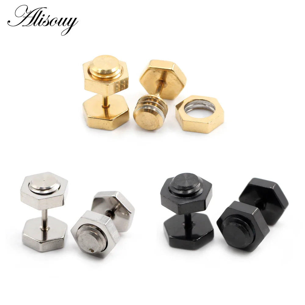 Alisouy 2 pz Nuovo Unisex Gotico Punk Rock In Acciaio Inox Esagono Vite Del Chiodo Delle Donne Degli Uomini Dell'orecchio Orecchini Con Perno Penetranti Gioielli Per Il Corpo