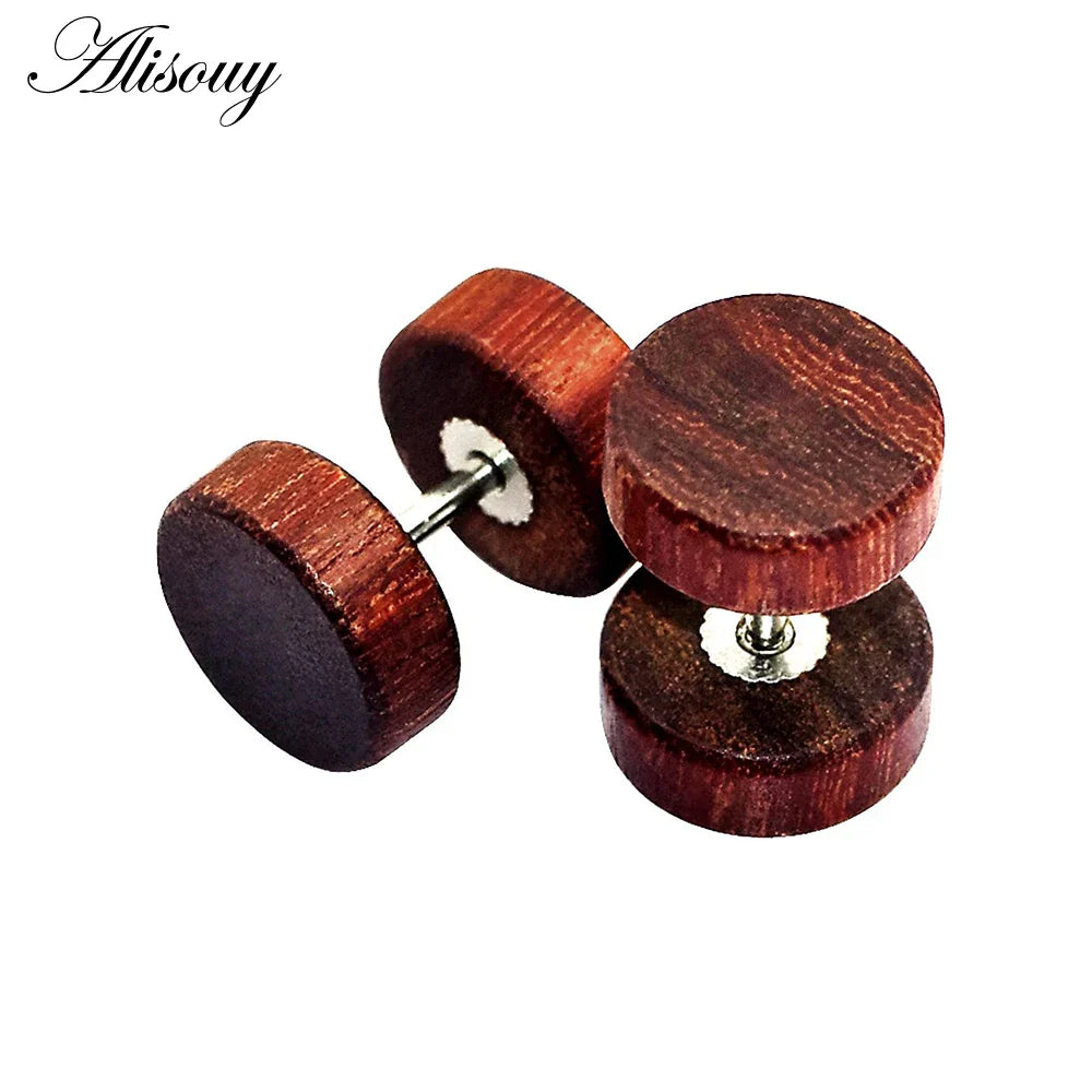 Alisouy 2PC Moda Orecchini a bottone in legno Orecchini Marrone naturale Nero 8 10 12mm Punk Bilanciere Tappi per le orecchie finti Brincos per le donne degli uomini