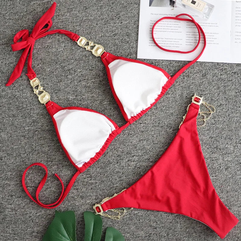 Catene di metallo con scollo all'americana Strass Diamante Bikini Costume da bagno donna Costumi da bagno femminili Due pezzi Bikini set Costume da bagno brasiliano Swim