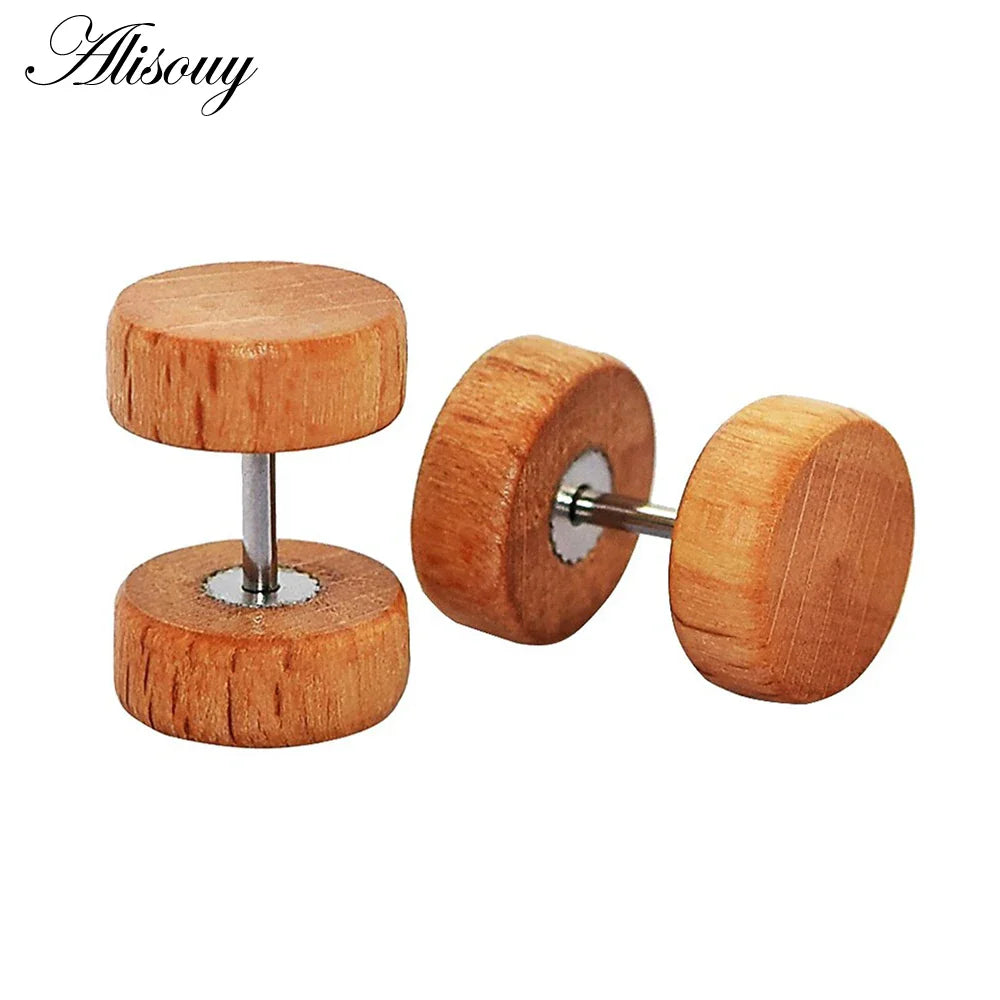 Alisouy 2PC Moda Orecchini a bottone in legno Orecchini Marrone naturale Nero 8 10 12mm Punk Bilanciere Tappi per le orecchie finti Brincos per le donne degli uomini