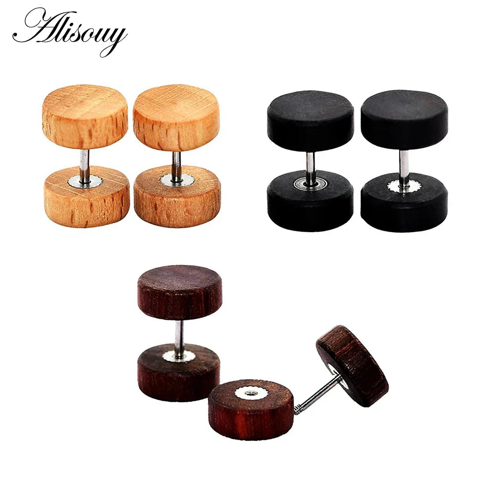 Alisouy 2PC Moda Orecchini a bottone in legno Orecchini Marrone naturale Nero 8 10 12mm Punk Bilanciere Tappi per le orecchie finti Brincos per le donne degli uomini